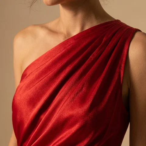 Close-up of the gown's draped shoulder