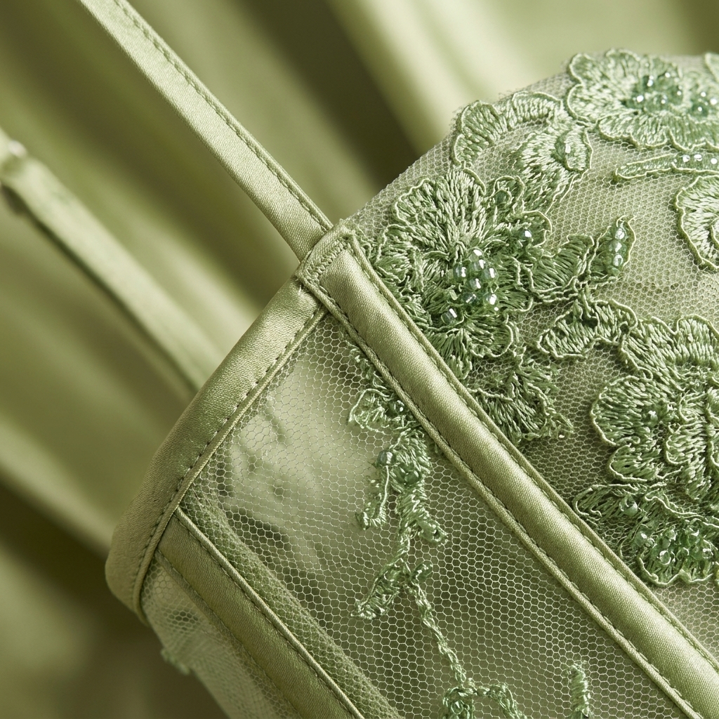 Close-up of the gown's lace and beaded corset trim