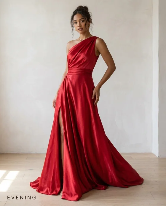 On-model hero campaign shot of a red satin evening gown