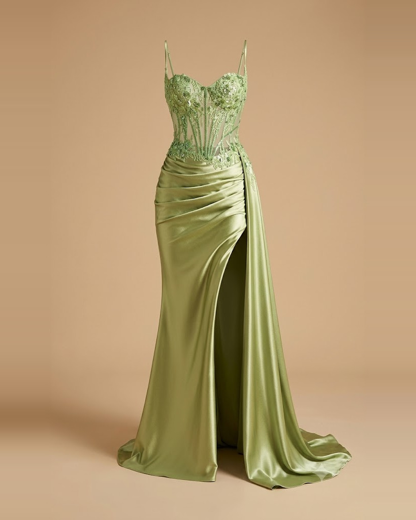 The single product photo given to Gixel: a green satin corset gown