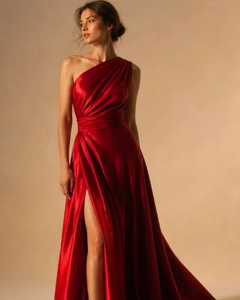 The single product photo given to Gixel: a red satin evening gown