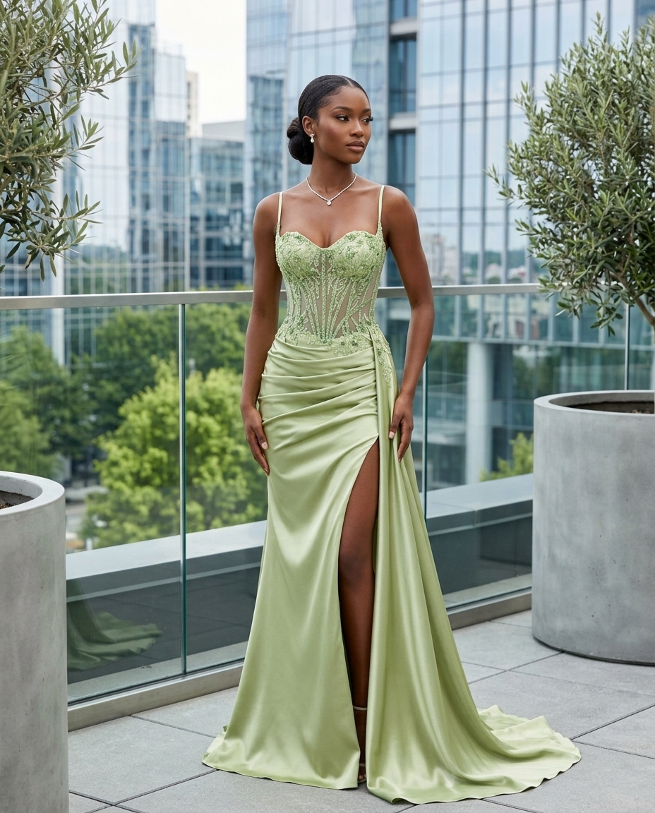 Lifestyle campaign shot of the gown on a city terrace