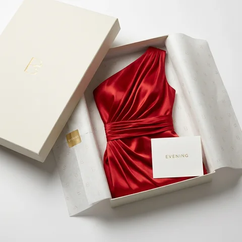 The gown folded in branded packaging